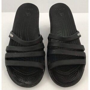 Crocs Women’s Strappy Rhonda Wedge Slip On Black Slide Sandals 14706 Size 7